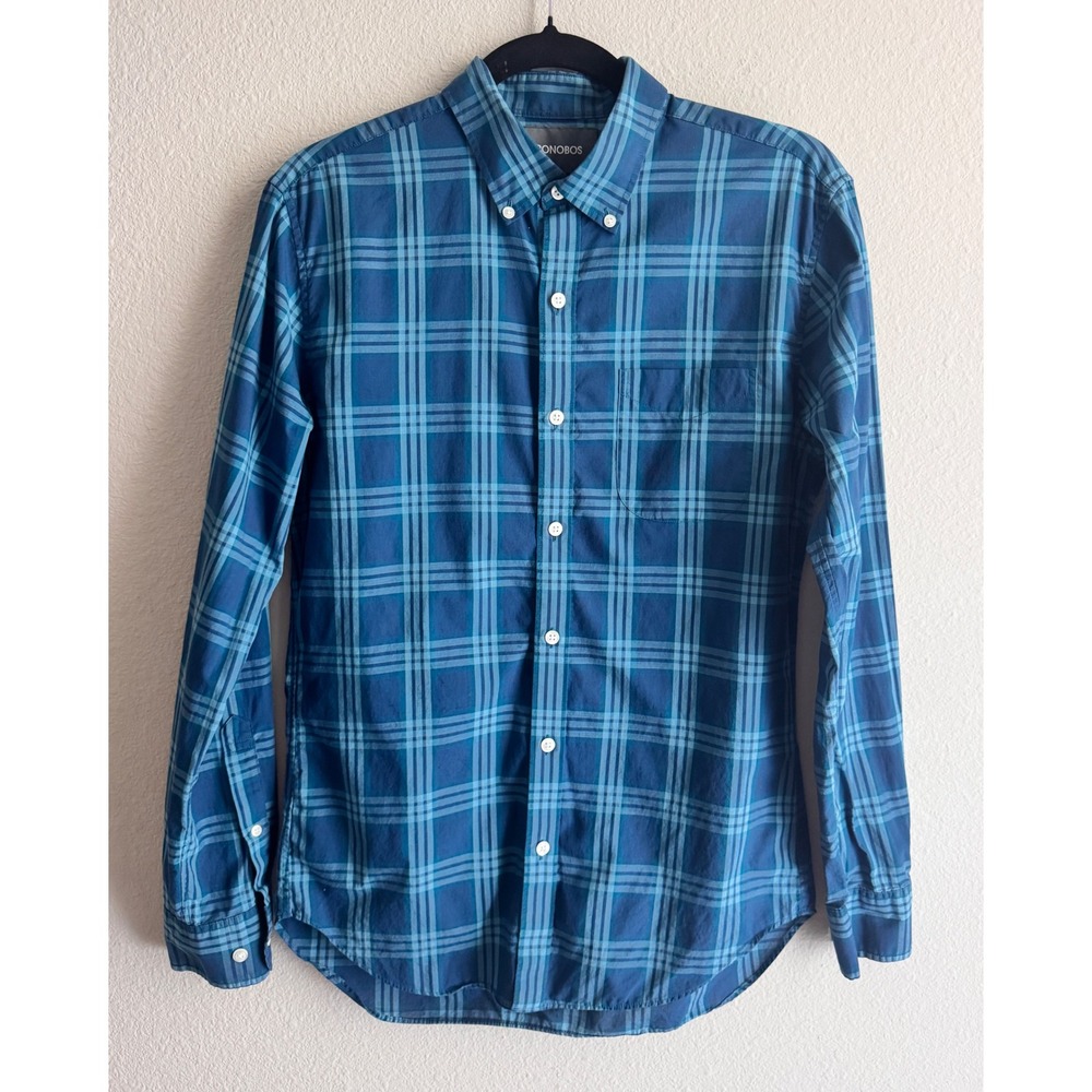 Bonobos Mens Slim Fit Blue Plaid Long Sleeve Button Down Cotton Shirt Small